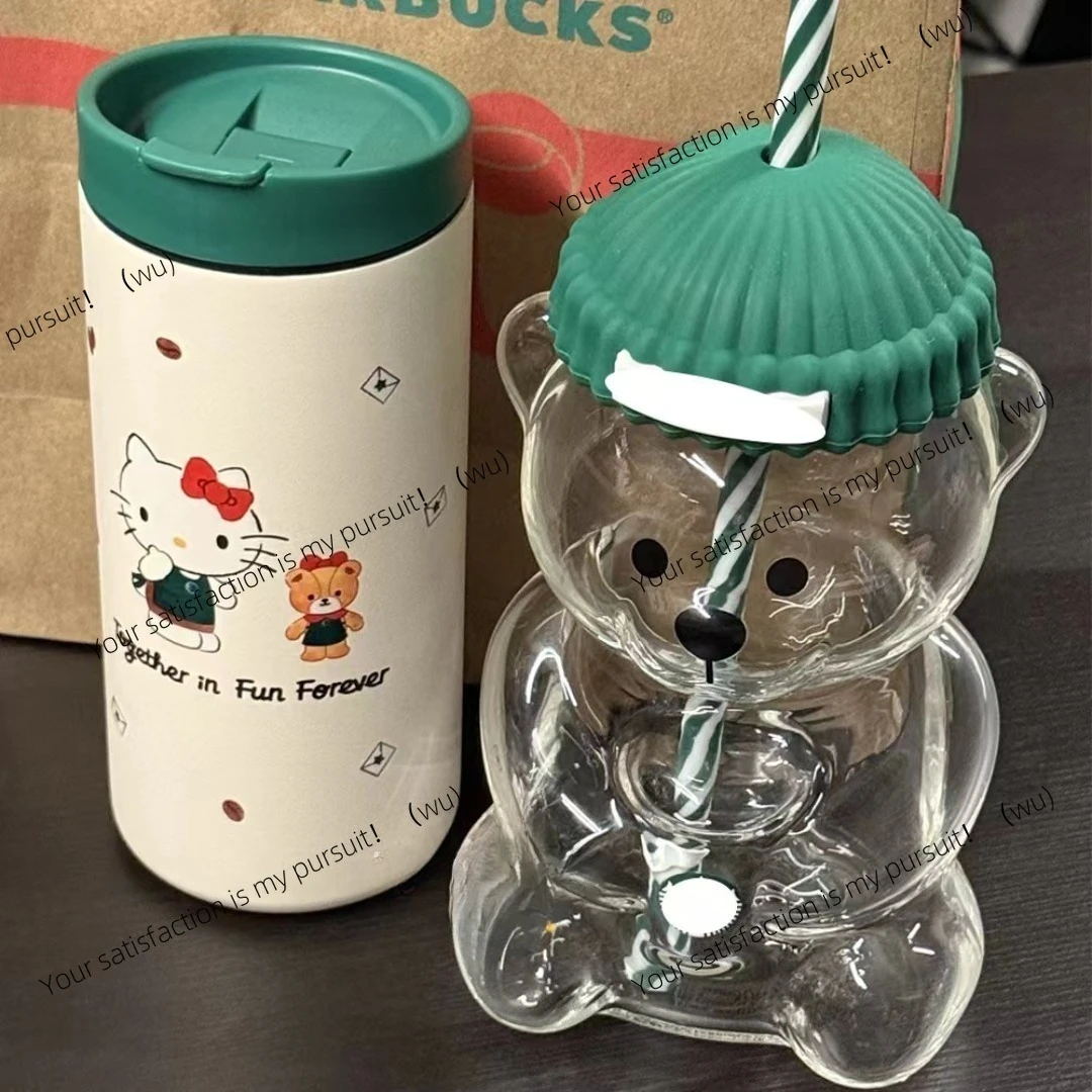 2025 New Transparent Bear Glass Bottle - Green Lid and Straw Cup Cute Animal Beverage Cup,Holiday gift, Christmas gift