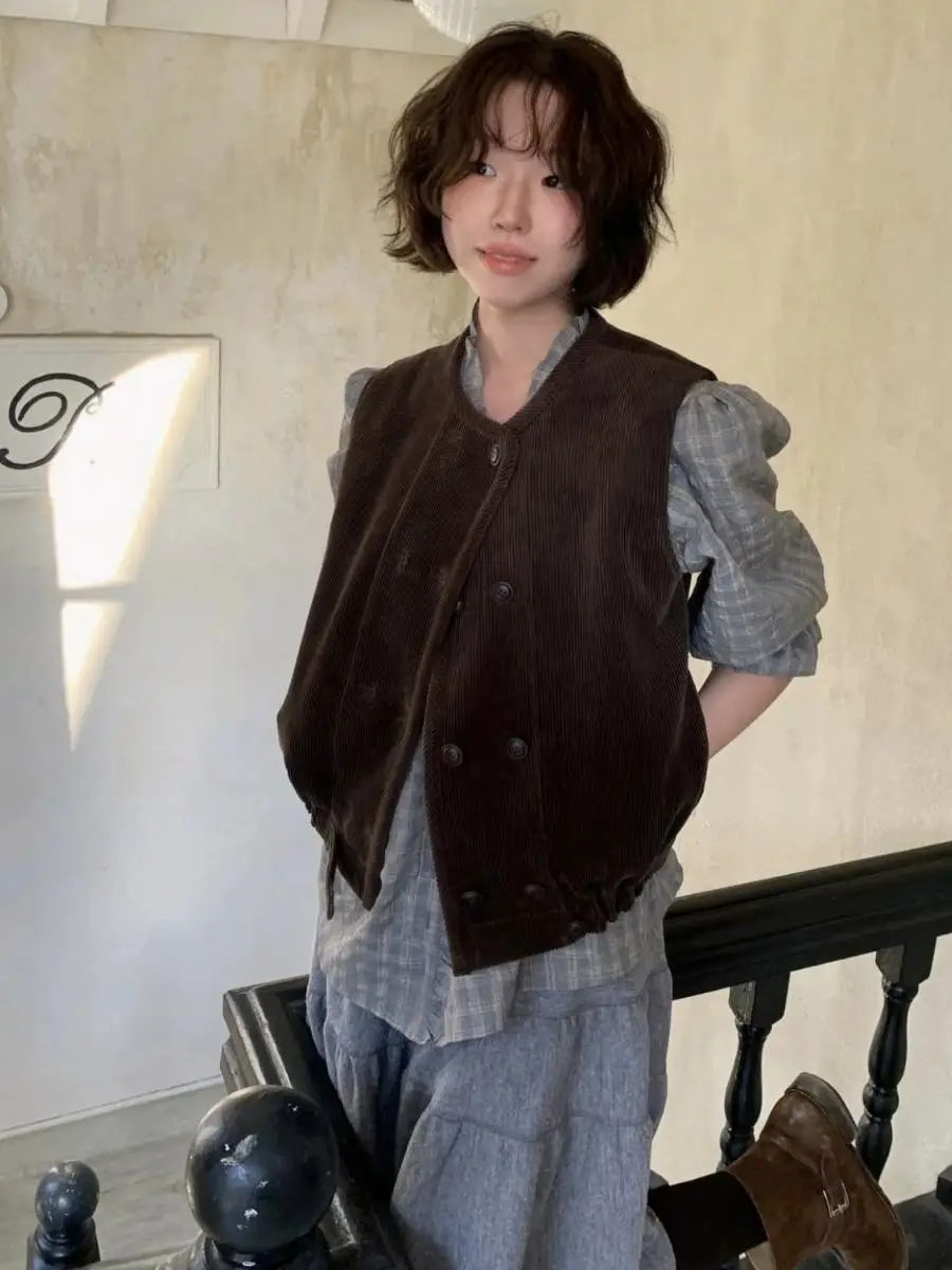

Retro Sle Barn Light Corduroy Vest Women's Casual Outerwear irt ort Length round Ne Single Button Closure