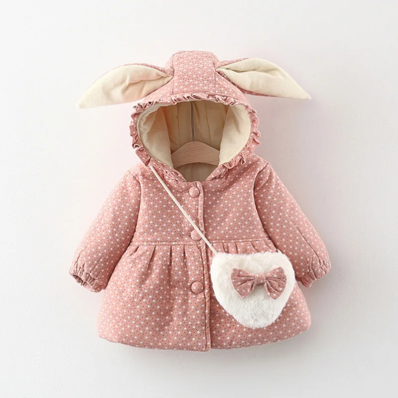 Winter Girls\' Cotton Coat New Children\'s Clothing Sweet Small Floral Cartoon Rabbit Ear Hooded Jacket With Heart Bag