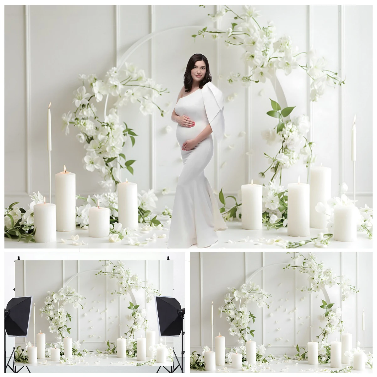 

Wedding Portrait Backdrop Indoor White Circle Floral Birthday Decor Maternity Dresses Photoshoot Photo Background Photo Studio