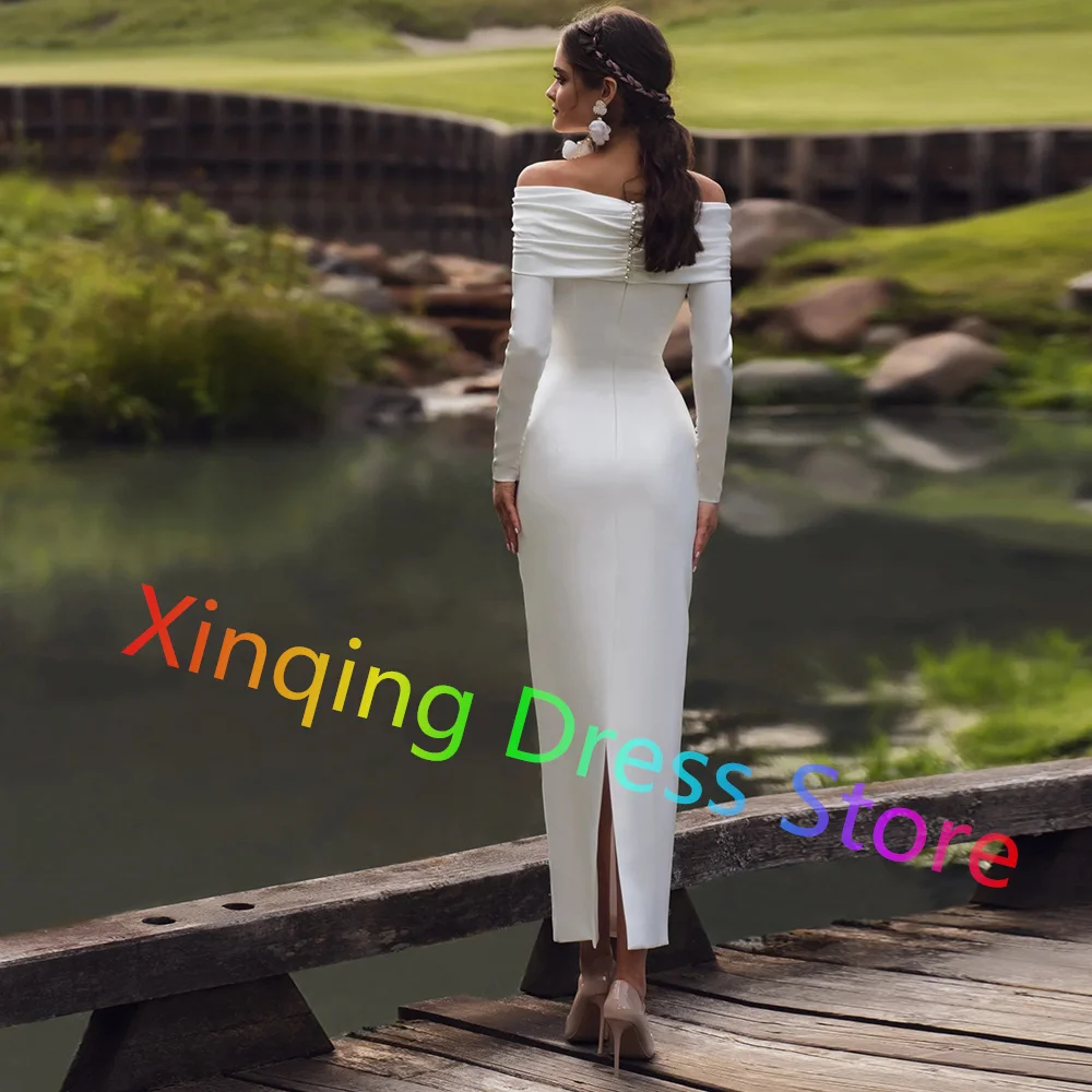 Minimalist kılıf ayak bileği uzunluğu düğün elbisesi basit tekne boyun Pleats uzun kollu Jersey gelin elbise geri yarık Custom Made