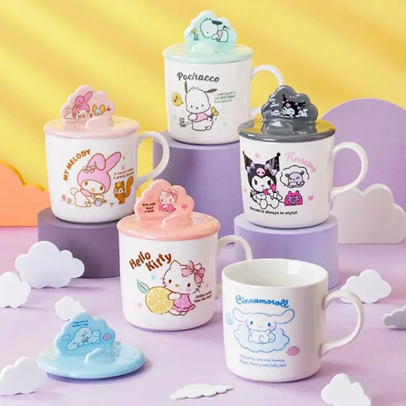 New Sanrio Pochacco Kuromi Hello Kitty Cinnamoroll Cartoon Cute Ceramic Cup Mug with Lid Handle Drinking Cup