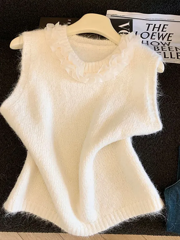 

Women's Knitted Mesh Panel Vest Spring Autumn New Style Layering Grey Vest Inner High-End Feeling Top Casual Style