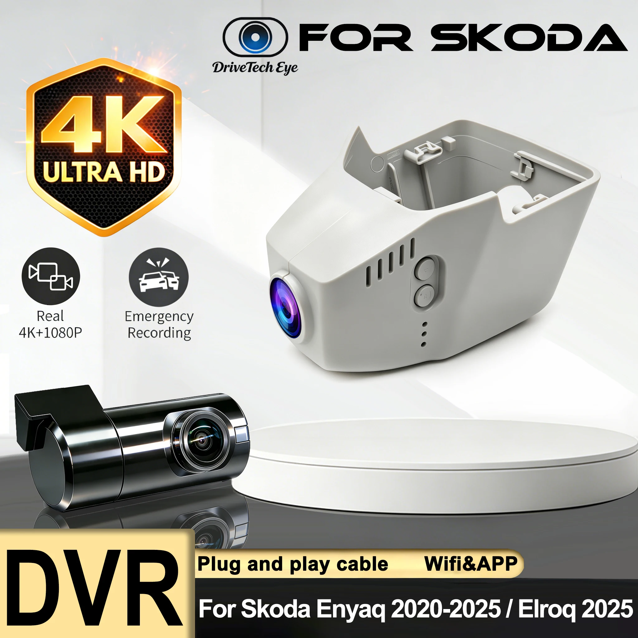 New! Plug and Play Dash Cam for Skoda Enyaq 2020-2026, Dashcam for Skoda Elroq 2025 2026, 4K 2160P Car DVR WIFI APP Connect