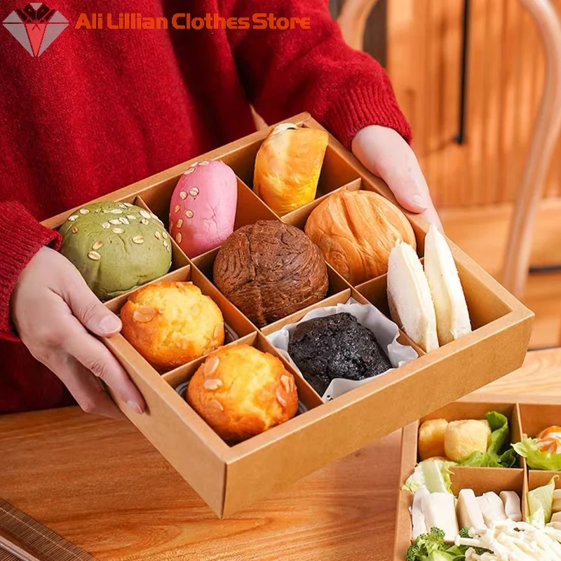 Nine-square Grid Takeout Hot Pot Packaging Box Picnic Box Retro Kraft Paper Baking Dessert Cake Takeout Packaging Box