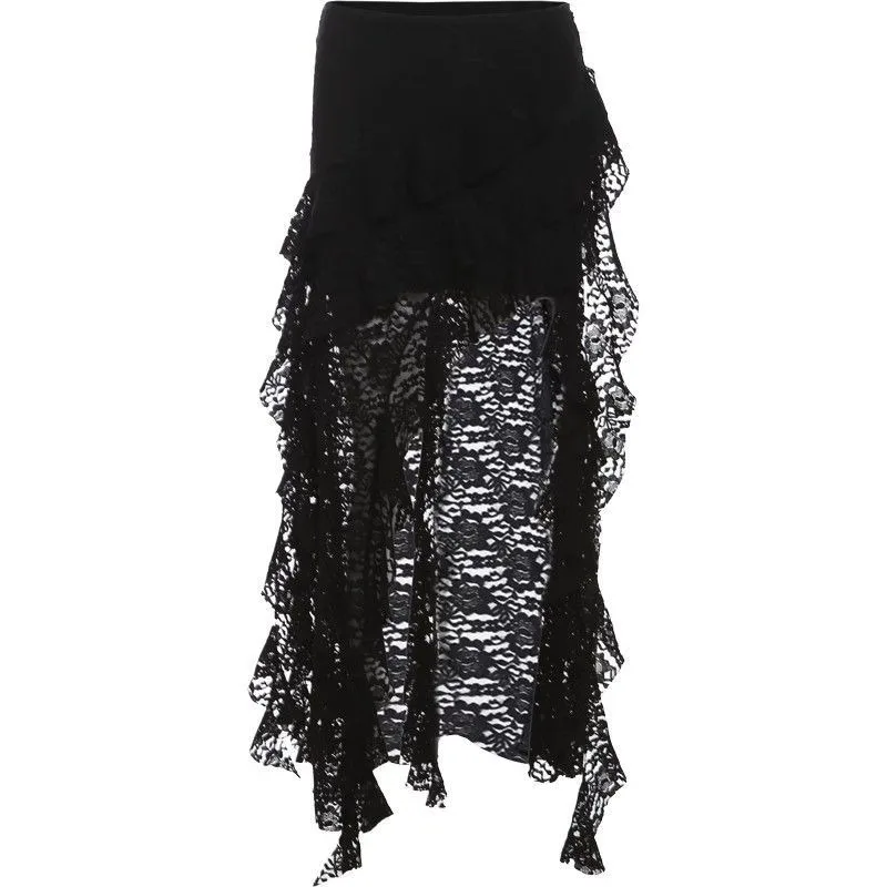 Women Skirt Ruffle Asymmetrial Mesh Elegant Low Waist Min Skirt Summer Spring Korean Fashion  Lace Patchwork Bottoms Clothing