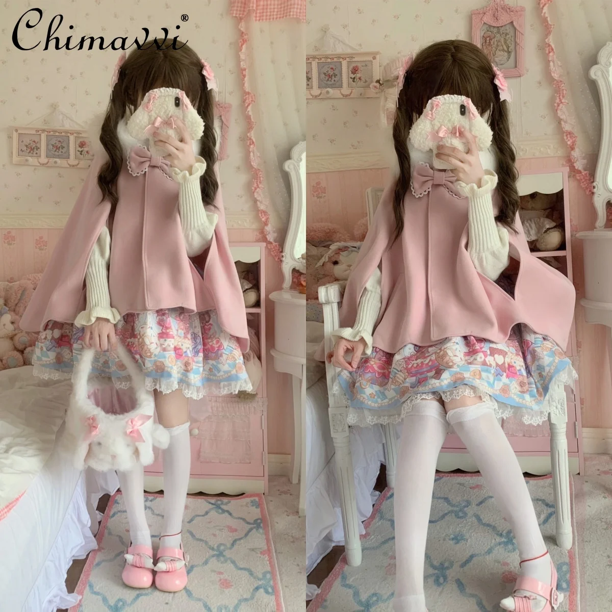 Original Lolita Soft Rabbit Removable Fur Collar Petal Pendulum Padded Woolen Cape Winter Sweet Girl Cute Bow Loose Shawl Coat