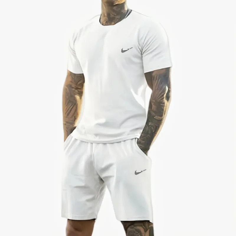 summer new men's printed short-sleeved T-shirt + shorts suit, casual sportswear, breathable outdoor T-shirt,