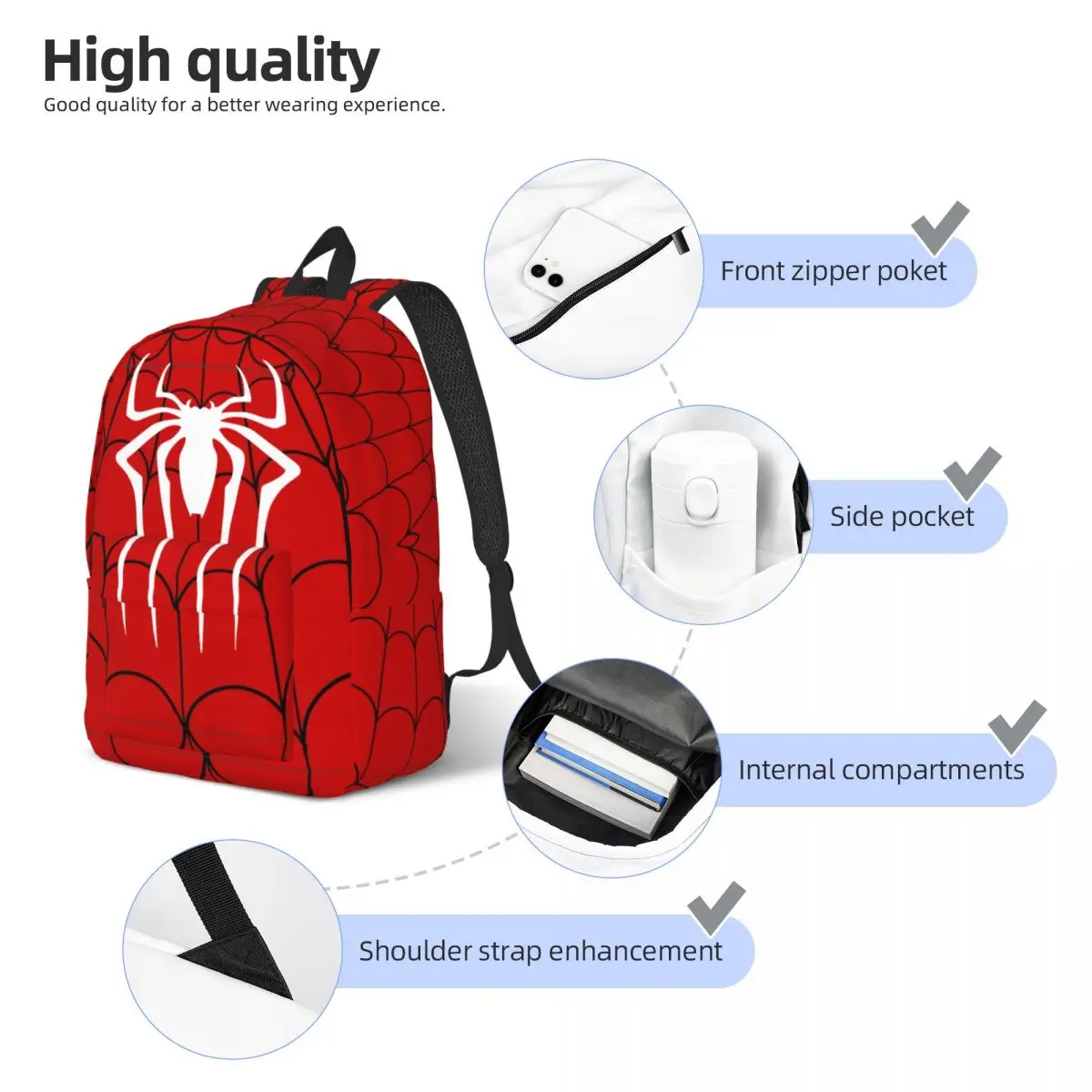 Spider Web Red Backpack Elementary High College School Student Bookbag Teens Canvas Daypack with Pocket