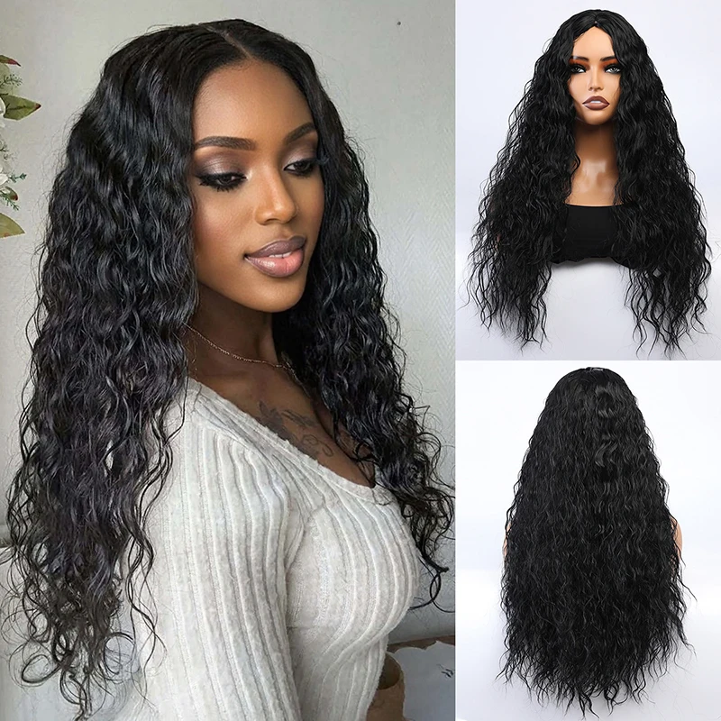

African wig, European and American foreign trade, long curly hair, medium split, corn perm, black curly hair Synthetic fiber wig