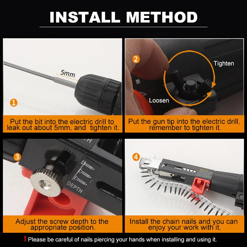 Automatic Chain Nail Gun Adapter Electric Screw Gun Rechargeable Self Tapping Screwdriver For Electric Drill Woodworking Tools