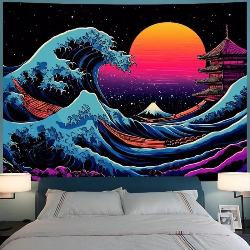 VIKAMA Black Gold Mountain Waterfall Tapestry Wall Hanging Celestial Sun Eclipse Moon Stars Aesthetic Wall Art Bedroom Decor