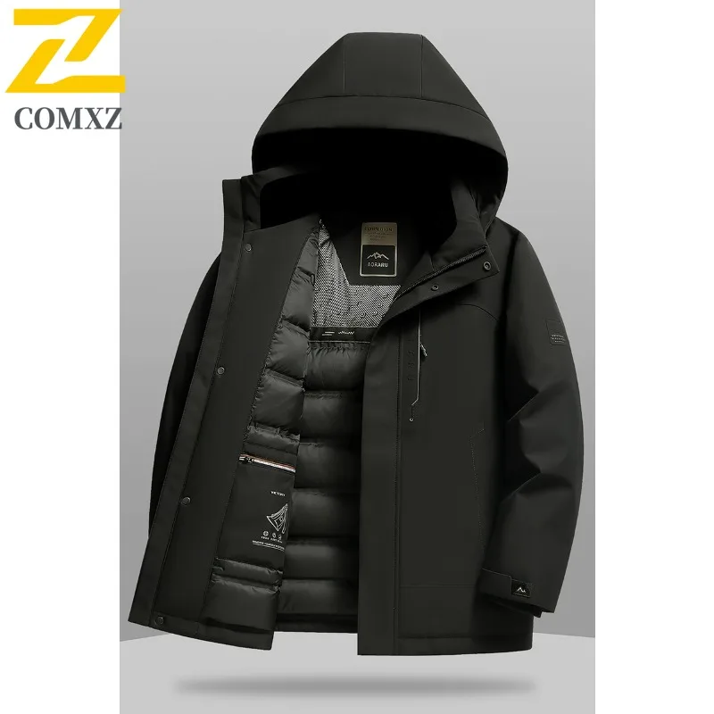 Men's Winter Thickened Fleece-Lined Cotton Jacket American style Detachable Hood Parka Windproof Thermal Overcoat Fit Camping