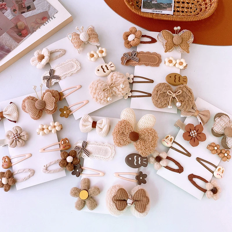 8pcs/set Korean Girls Headband Hair Clip Cartoon Bear Floral Bow Hair Pin for Toddler Lovely Beige Coffee Color Kids Headwear