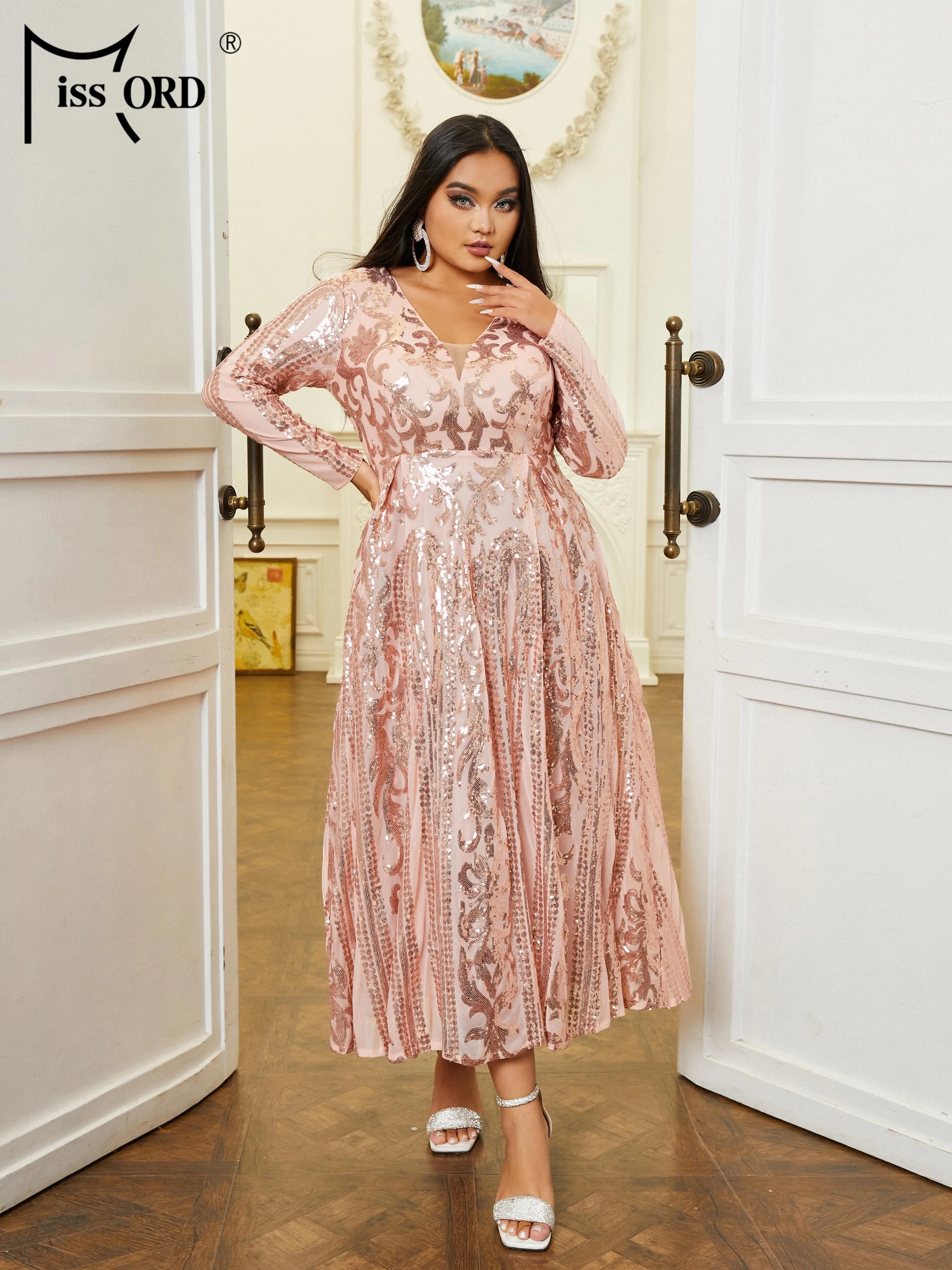 Missord Elegant Rose Gold Sequin Plus Size Party Dresses Women Long Sleeve V Neck Loose A-line Midi Prom Dress Cocktail Gown