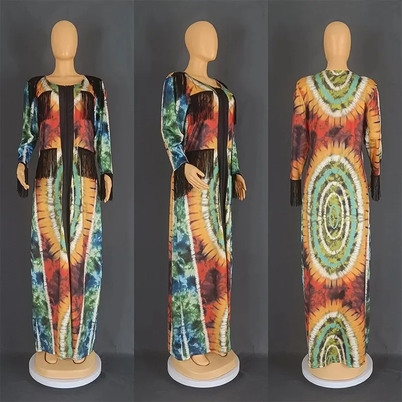 Sexy Print Maxi Dress African Christmas Long Dresses for Women 2023 New Plus Size Africa Clothing Tassel Sleeve Evening Robe