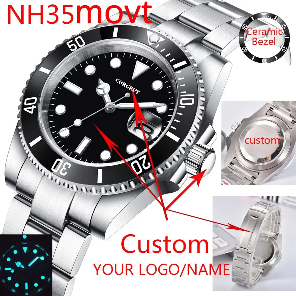 DIY Custom Logo 40MM Sapphire 8215Automatic NH35 Mechanical Mens WristWatch Sterile Dial Ceramic 10Bar Luminous Sport Male Clock