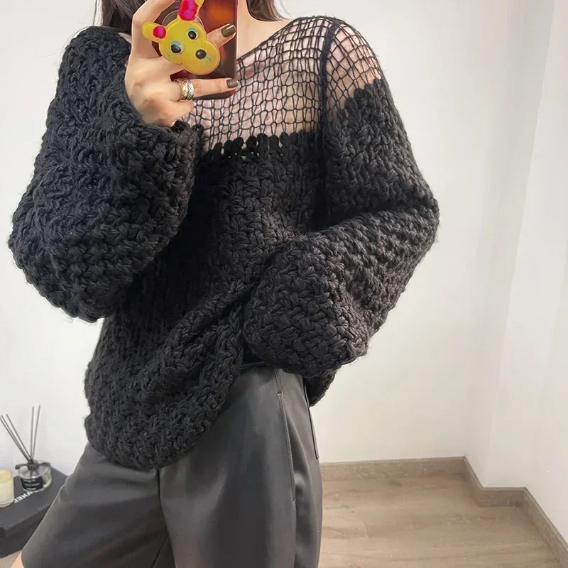 Autumn Winter Knitted Sweater Women Top Korean Loose Lazy Oaf Hollow Strapless Laides Sweaters Long Sleeve Pullover 2024 Jumper