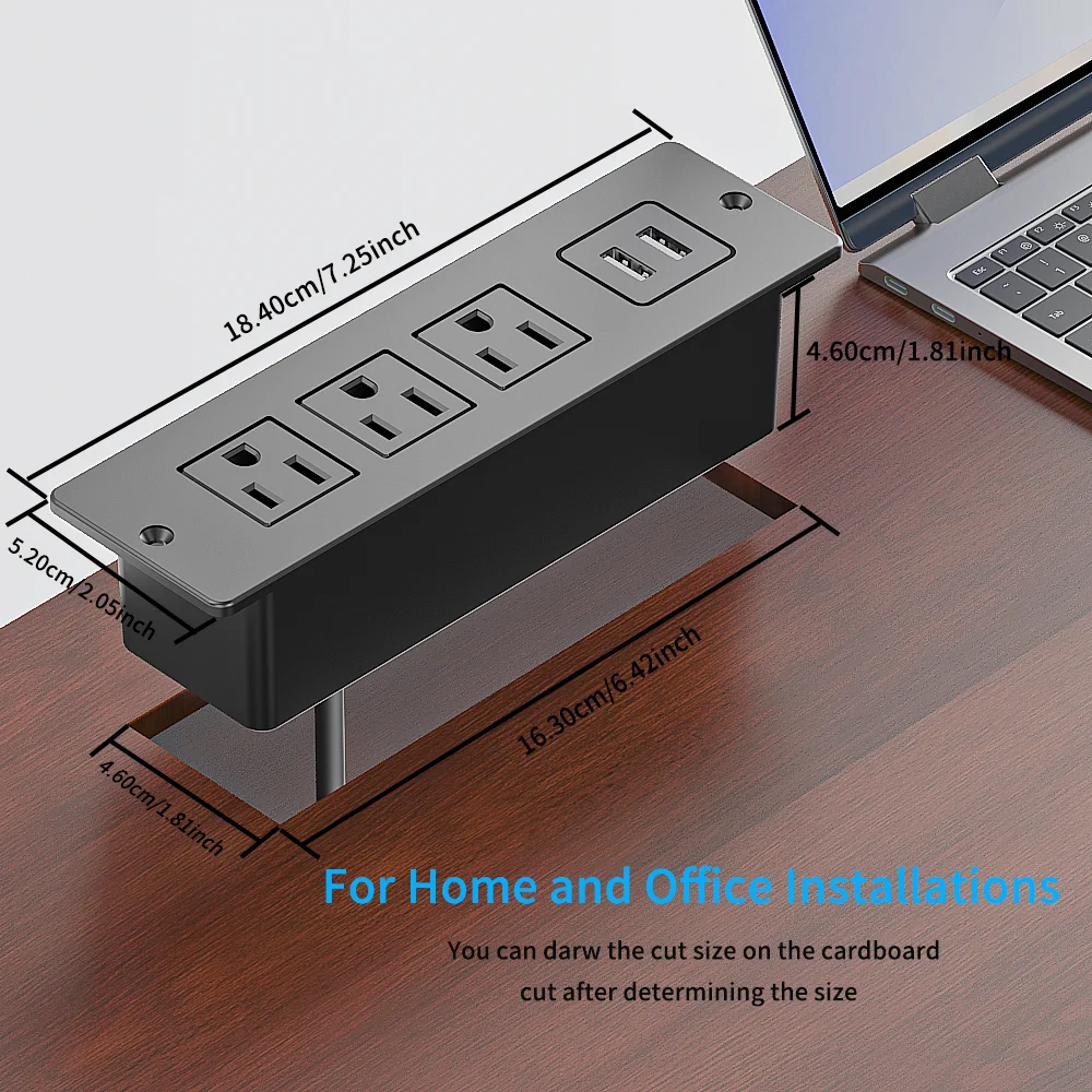 Recessed Power Strip 1500W 12A with 3 Outlets 2 USB A Ports Desktop Power Outlet for Office Desk Conference Table Sofa Bedside