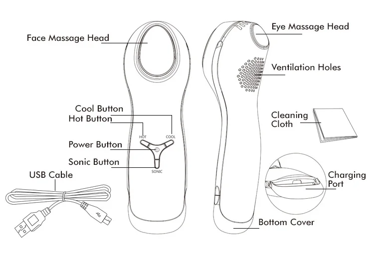 2-in-1 Handheld Sonic Vibration Huidverzorgingsapparaat Roestvrij staal Hot Cool Face Eye Massager Huidverstrakking Functie