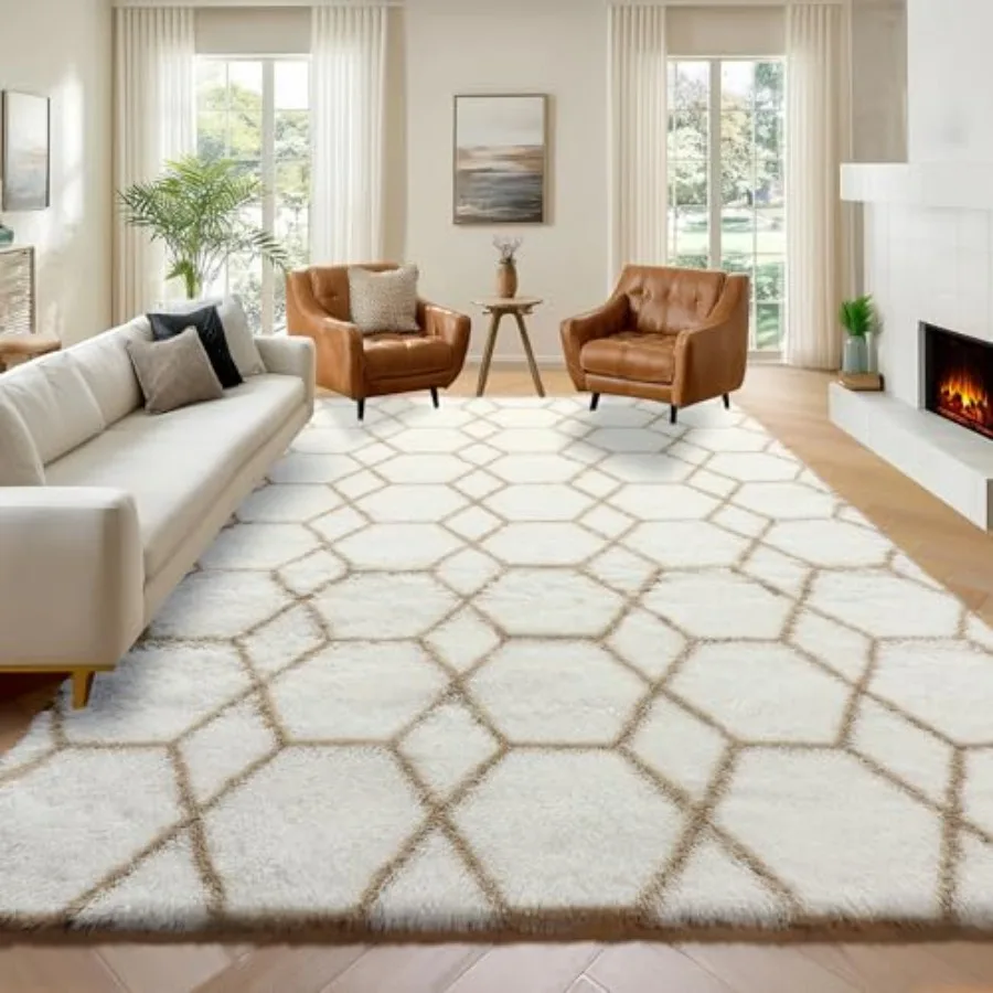 

Large Living Room Area Rug 6x9, White and Beige Geometric Shaggy Rug for Bedroom Dorm Classroom Farmhouse Decor Soft Fuzzy Plus
