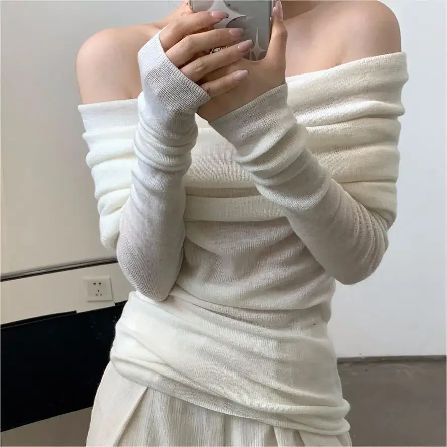 Off Shoulder Knitted Sweater Women Korean Style Elegant Long Sleeveed Slim Female  Sexy Thin Pullover