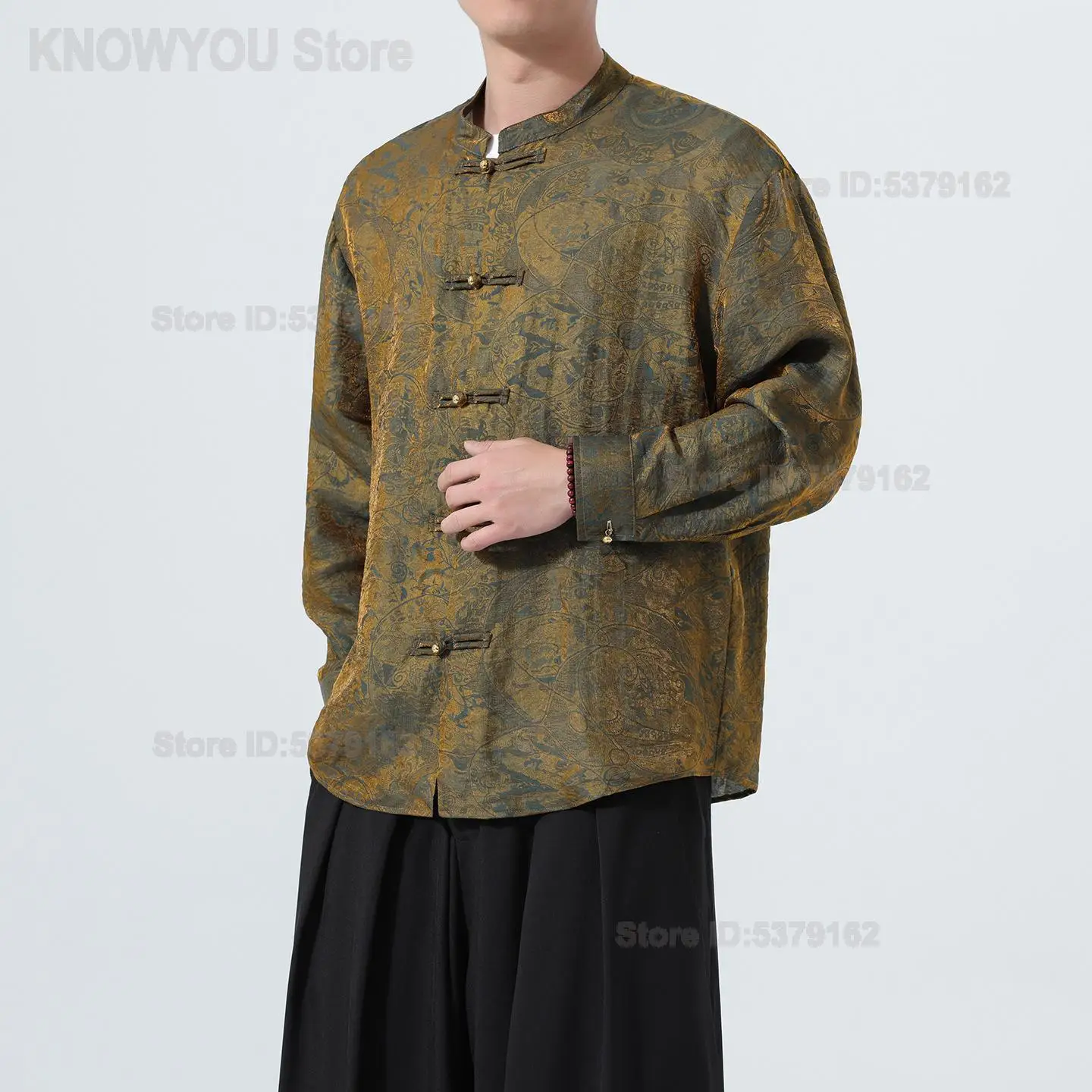 2026 Men Chinese Traditional Style Jacquard Stand Collar Loose Plus Size Copper Buttons Long Sleeve Tang Suit Outerwear Coat