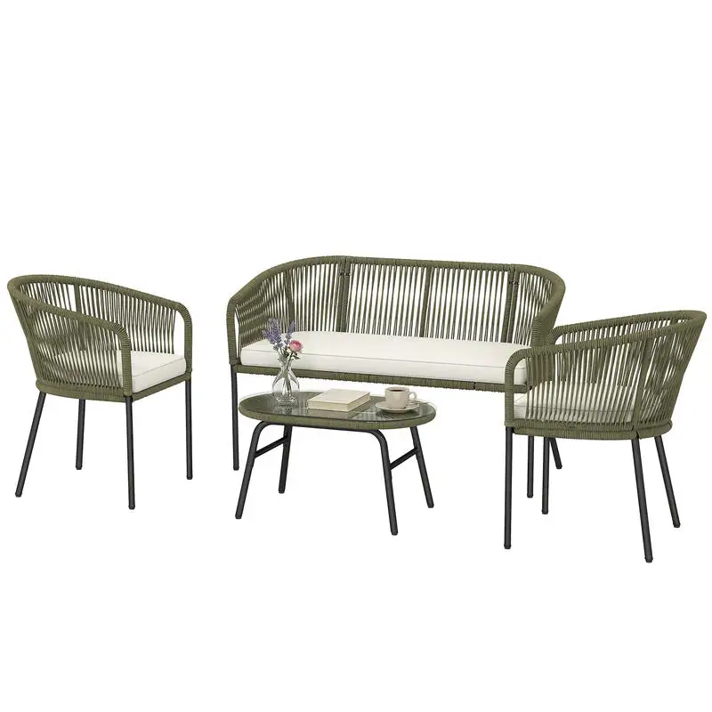 Salon de jardin extérieur 4 places, canapé 2 places, 2 fauteuils et table basse en verre trempé PP rond tressé crème