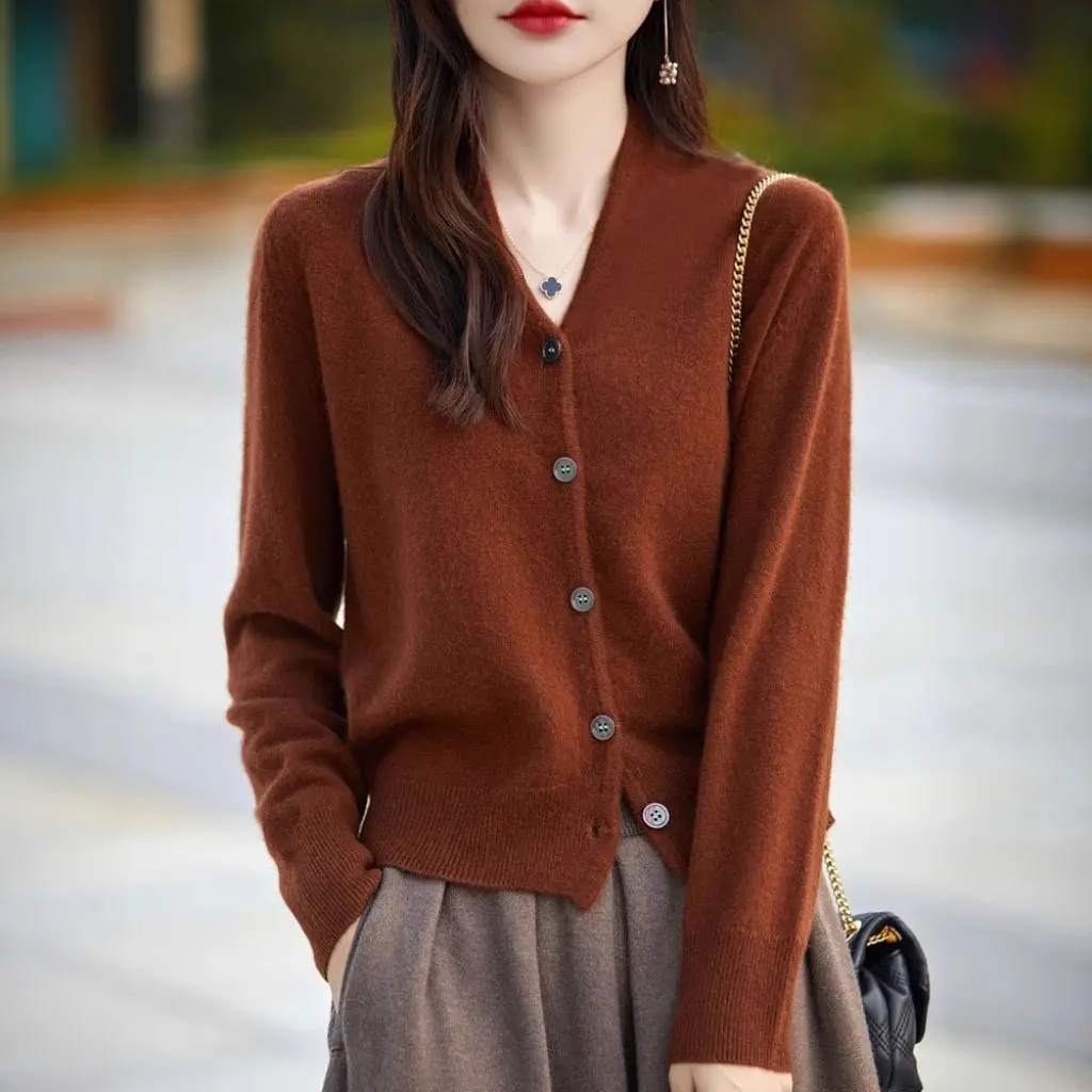 

Women's 100% Pure Wool Cardigan V-neck Long-Sleeved Knitted Jacket Solid Color Loose Fashionable Outer Sweater