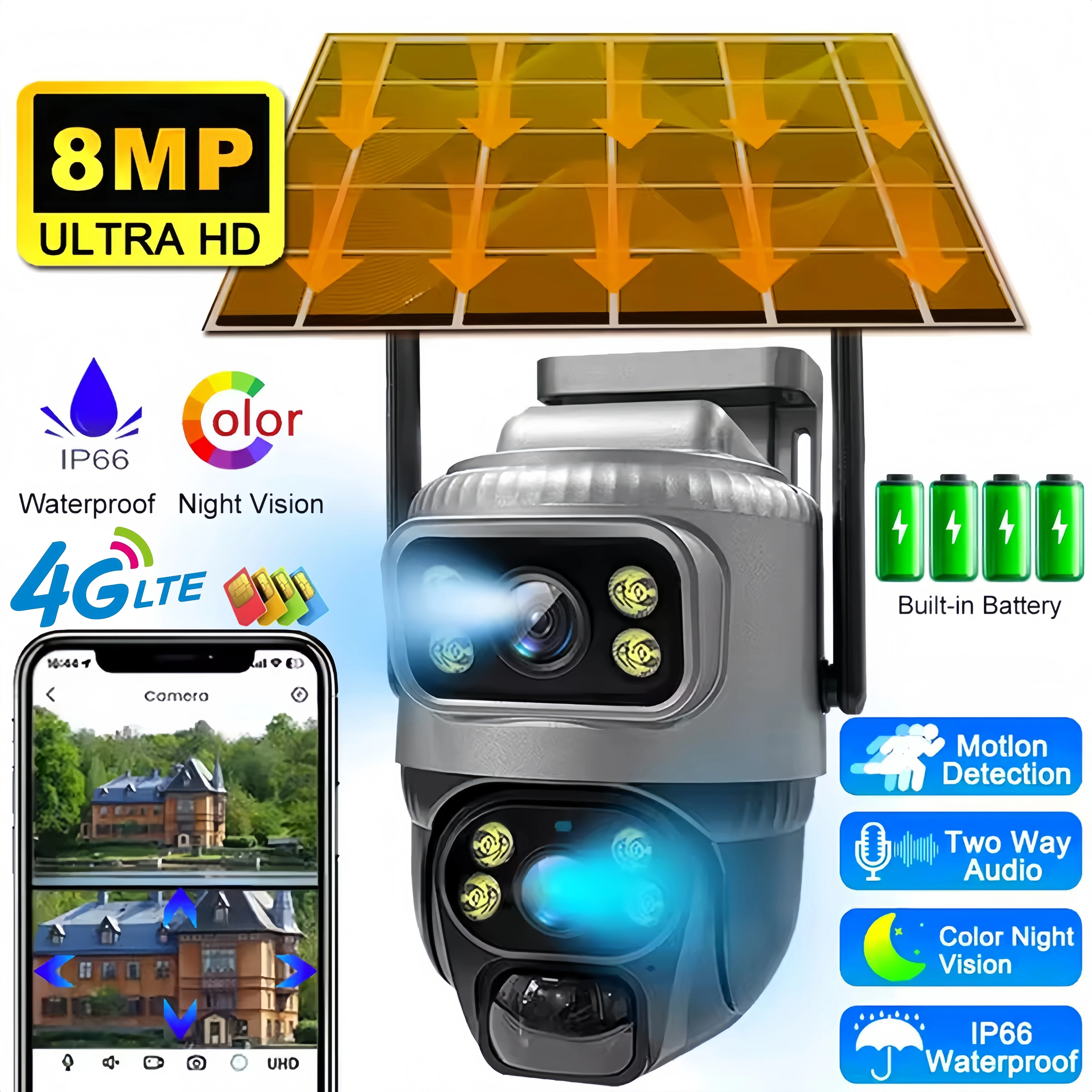 Caméra IP V380 à double objectif 4G SIM 8MP 4K, étanche, surveillance extérieure, moniteur de surveillance pour maison intelligente, vision nocturne, protection de sécurité CCTV, caméra de surveillance WiFi alimentée par batterie rechargeable, rotation horizontale et verticale à 355 degrés, rotation à 90 degrés