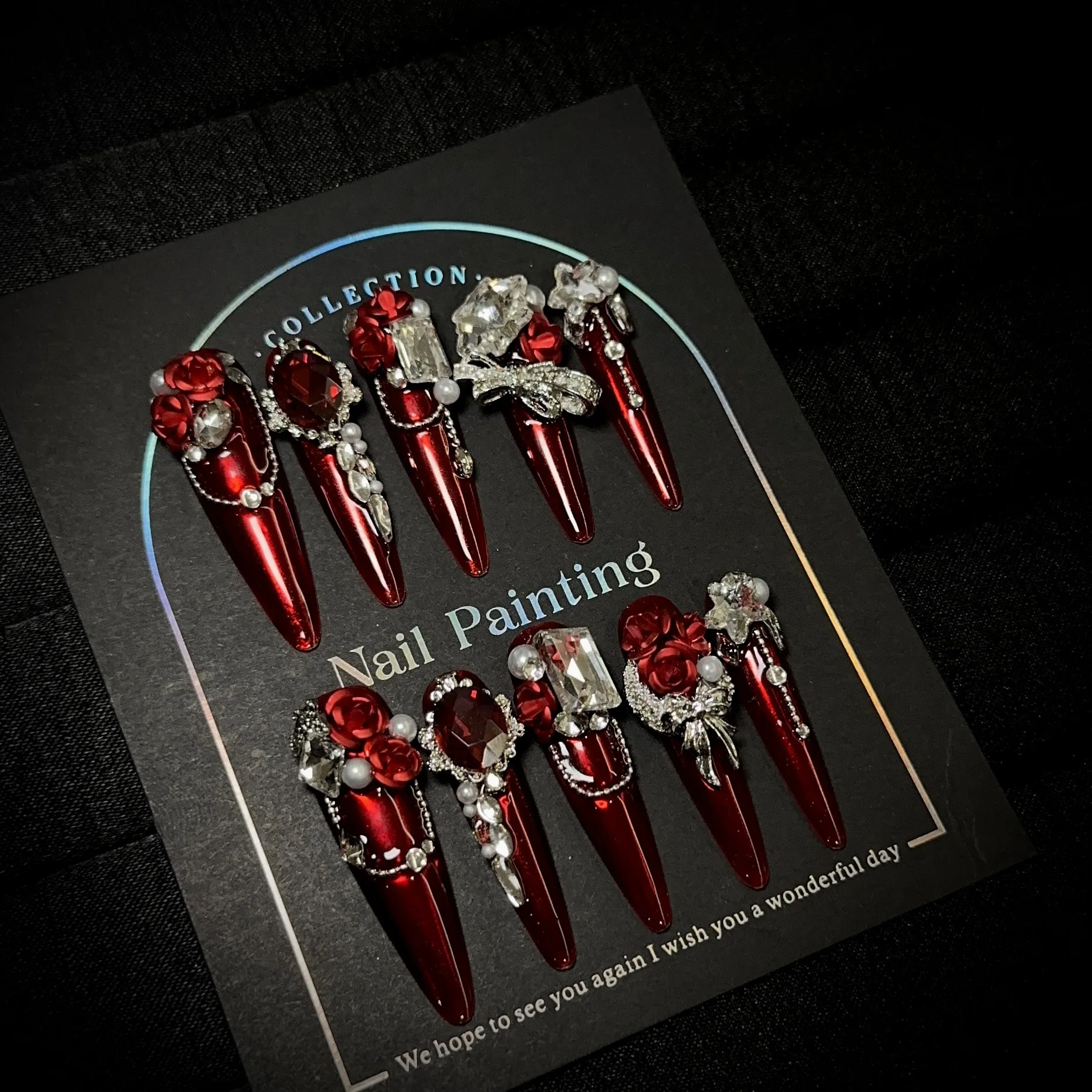 

Luxury Shining Rhinestone Purely Handmade Wearing Nail Advanced Sense Burgundy Cat Eye Long Nail Art Piece Long Fake Nail Patch