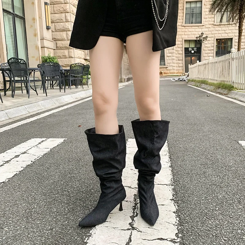 2024 Autumn and Winter New Wide Girth Women\'s Boots High Heel Barrel Pointed Thin Heel Over the Knee Long Women Show Thin Shoes