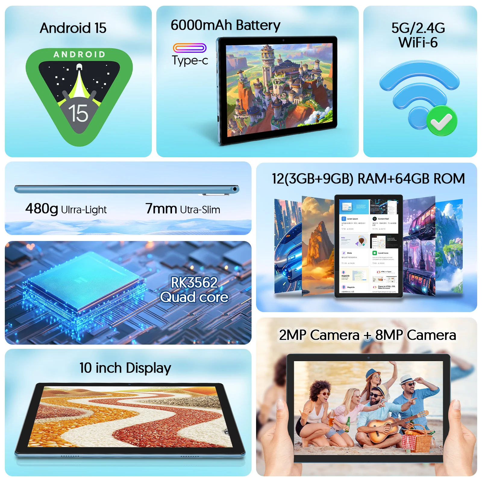 10,1-дюймовый планшет Android 15, поддерживает Google Play, четырехъядерный процессор, ОЗУ 12 ГБ (3+9), 64 ГБ ПЗУ, Bluetooth, аккумулятор 6000 мАч