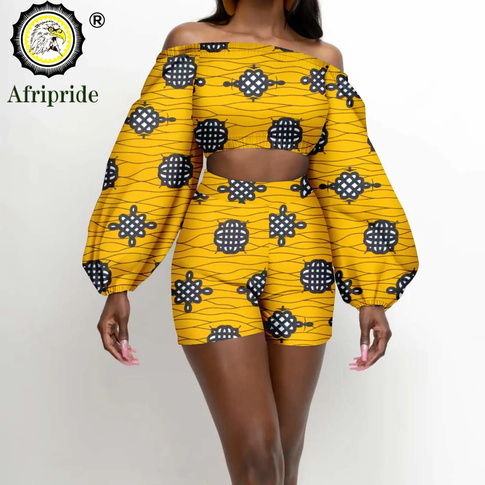 Women Tracksuit African Clothes Off Shoulder Crop Tops and Casual Shorts 2 Piece Set Sexy Outfits Ankara Attire A2226013