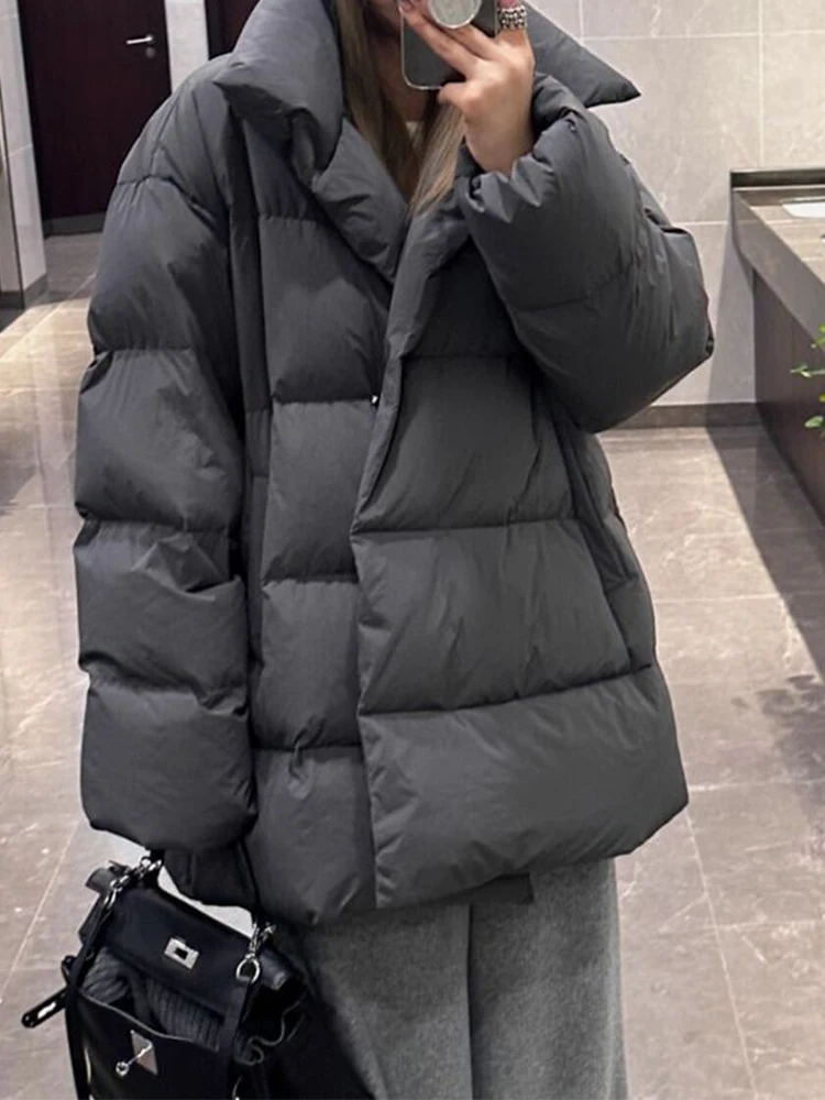 

Серая термохлопковая куртка для женщин, новинка зимы 2025, однобортные стеганые пальто, модные женские утолщенные пальто с лацканами
