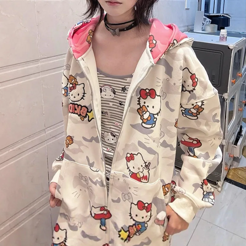 

Толстовка с капюшоном «Hello Kitty» с полным принтом, женская осенняя свободная повседневная куртка-кардиган в студенческом стиле, милый дизайн, куртка с капюшоном, верхняя одежда, кавайные топы