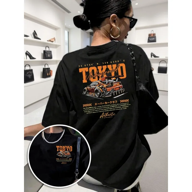 Tokyo Underground Racing Club Y2K Band Print Women's Casual Short Sleeve T-Shirt - Front and Back Printed, Loose Round Neck
