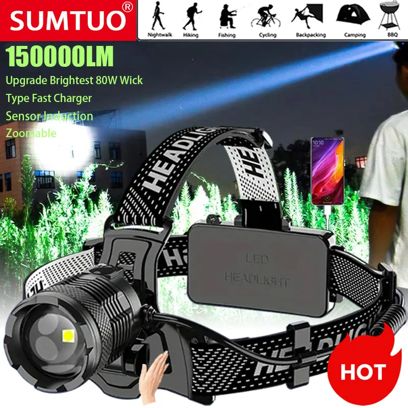 

150000LM Powerful Headlamp 800W Led Sensor Head Flashlight Long Range Headlight 18650 Rechargeable Head Lantern Fishing Camping