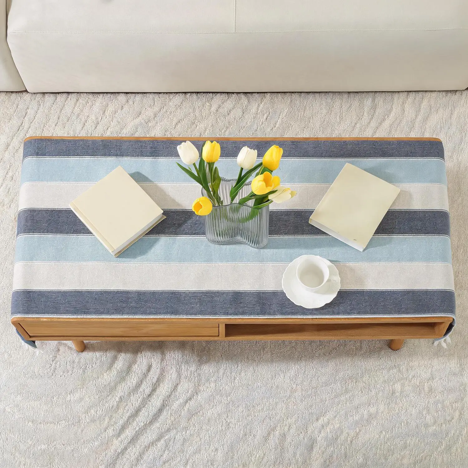 Coffee Table Cover, Rustic Farmhouse Rectangle Table Cloth Cotton Linen Washable with Pockets and Tassel for Living Room Decor