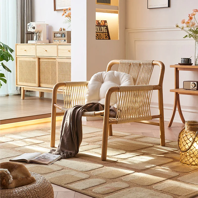 Rope woven solid wood sofa chair wabi wind living room Japanese hand-woven ash wood armrest hemp rope backrest leisure chair