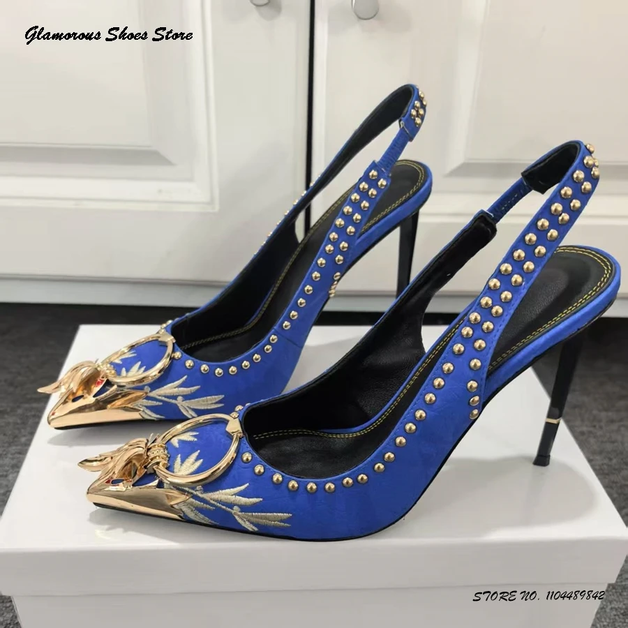 

Metal Buckle Embroidery Slinback Pumps Retro Beads Trimmed Pointed Toe Thin High Heels Vintage Slip-on Party Prom Stiletto Shoes