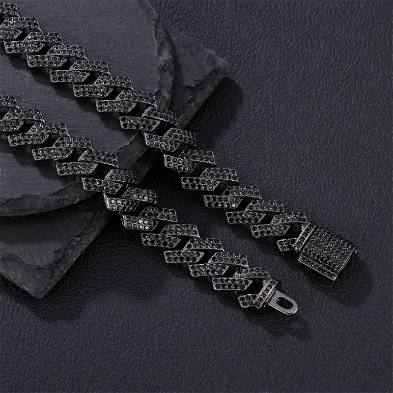 D&Z Diablo System Black 15MM Cuban Link Chain 2Row Black Iced Out Rhinestones Rapper Necklaces For Men Women Choker Jewelry