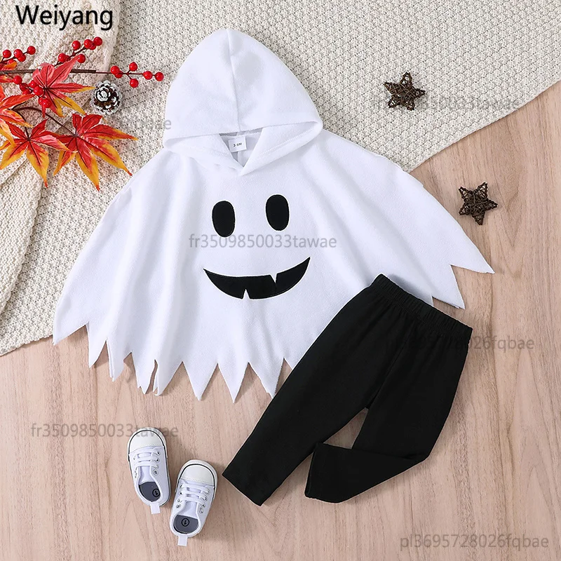 BeQeuewll Kleinkind Mädchen Jungen Herbst-Outfits Geister-Gesicht-Druck Umhang-Hoodies und Lange Hosen 2-teiliges Halloween-Kleidungsset