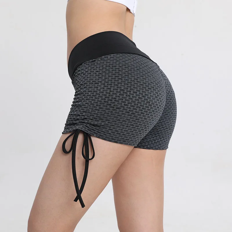 Honeycomb Drawstring Yoga Pants Peach Buttocks, High Waist Jacquard Sports Shorts, Buttocks Lifting Fitness Pants for Women