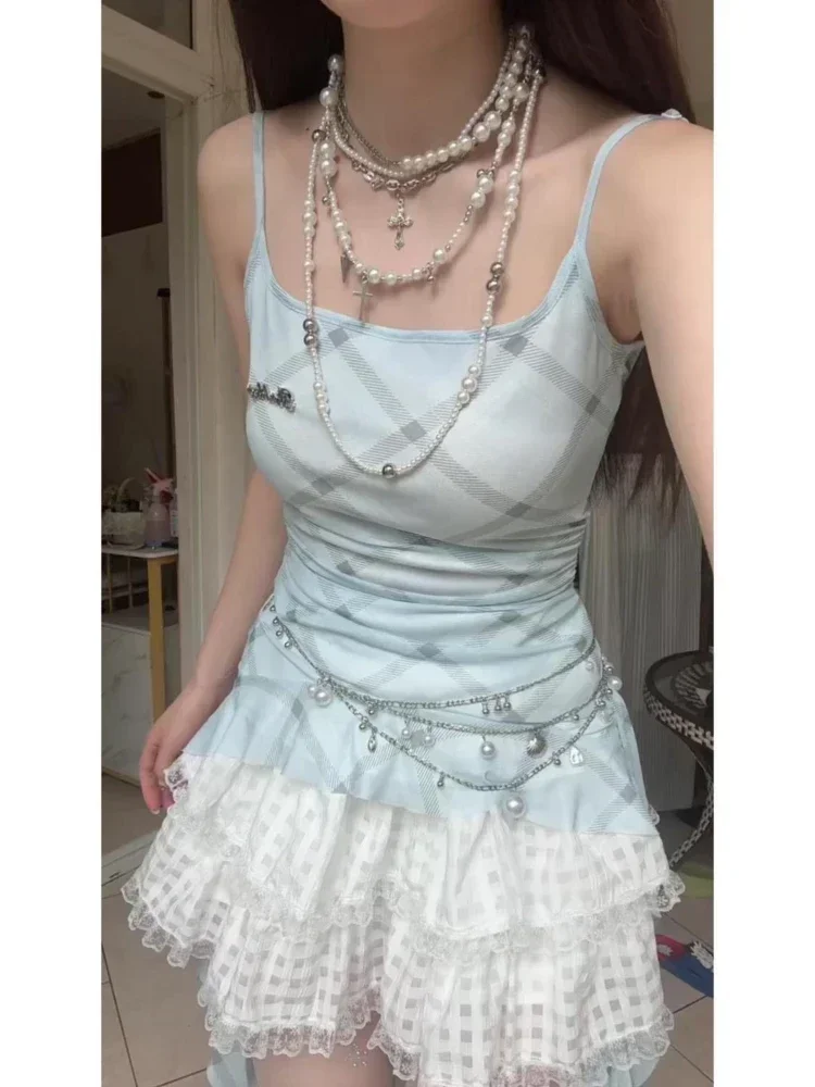 

Japanese Sweet Slim Square Neck 2 Piece Set Women Korean Chic Plaid Thin Off Shoulder Tops Female + High Waist Short Skirt Suit