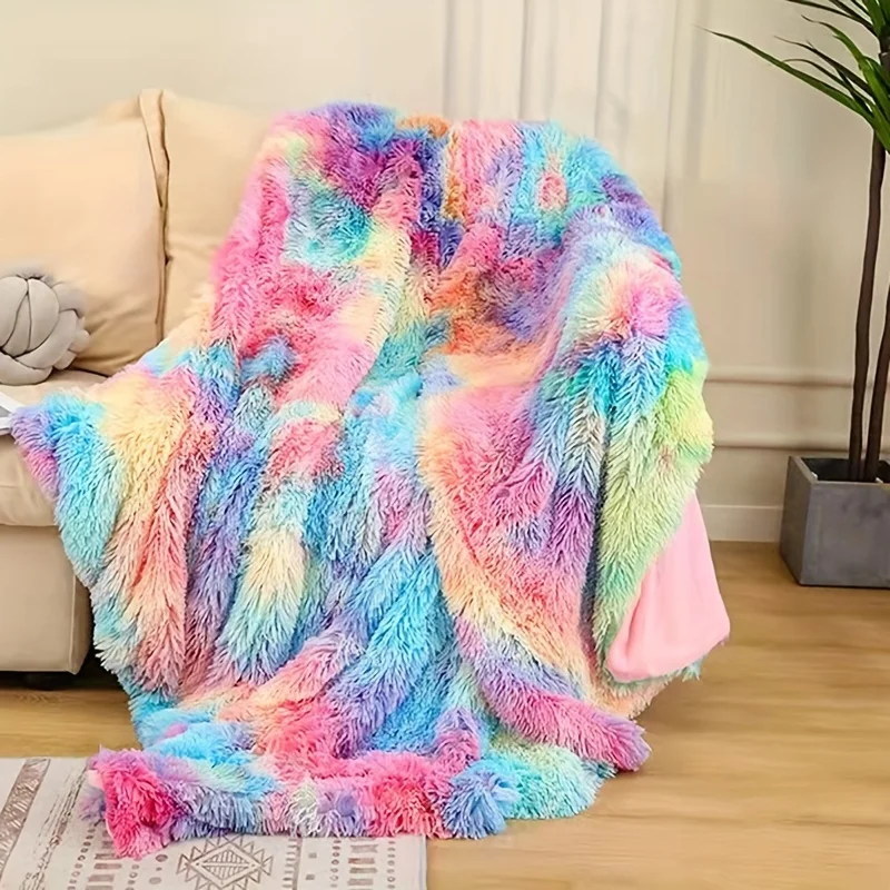 

Colorful Rainbow Faux Fur Throw Blanket Cozy Plush Coral Fleece Thick Warm Winter Sofa Cover Office Nap Blanket