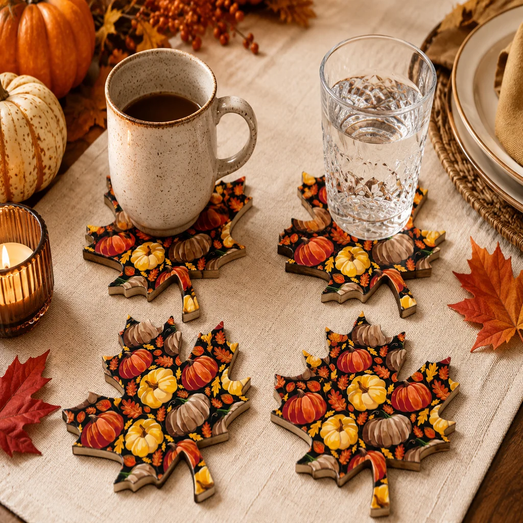 Set of 4 Maple Leaf Shaped Coasters Fall Pumpkin Print Wooden Cup Mats Thanksgiving Autumn Home Table Decor for Coffee Tea Mugs - view 5