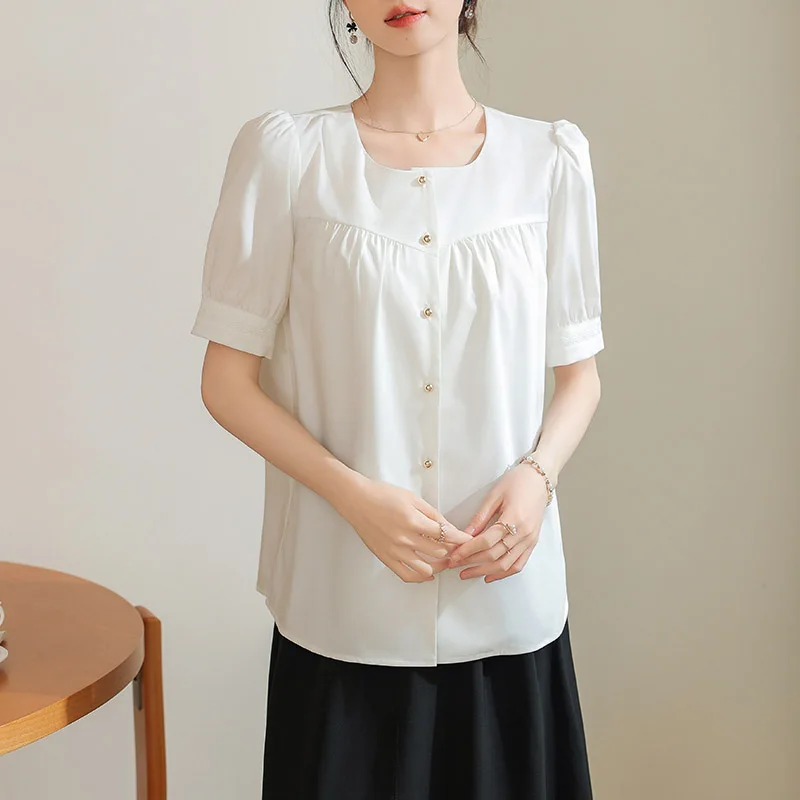 Women Clothing French Elegant Solid Short Sleeve Shirts Summer Fashion Patchwork Folds White Blouses Office Lady Chic Sweet Tops