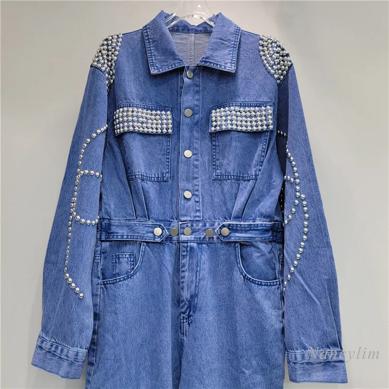 European Street Jean Jumpsuits Woman 2024 Autumn New High-Grade Pocket Beaded Waist Slimming Washed Denim Jumpsuit