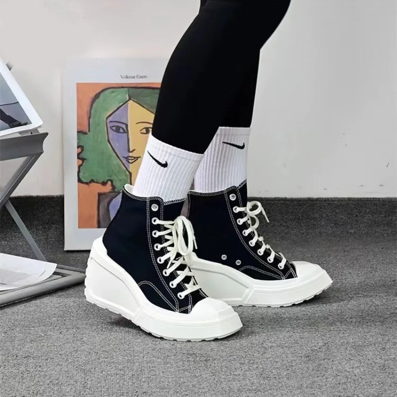 أحذية نسائية قماشية للفصول الأربعة، ربطة رأس مستديرة جديدة، أحذية عالية الكعب بكعب منحدر خفيفة الوزن وسميكة من الأسفل #2